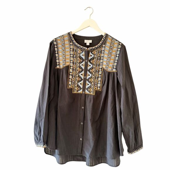 J. Jill Tops - J Jill Pure Elements Embroidered Relaxed Bohemian Festival Blouse  SZ XL #2627
